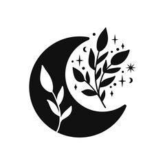 Hand drawn crescent moon with floral branches.