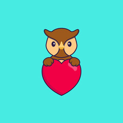 Cute owl holding a big red heart. Animal cartoon concept isolated. Can used for t-shirt, greeting card, invitation card or mascot. Flat Cartoon Style