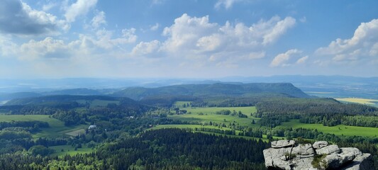 Fototapeta na wymiar panorama of the mountains. forest. blue sky. 