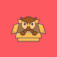 Cute owl Playing In Box. Animal cartoon concept isolated. Can used for t-shirt, greeting card, invitation card or mascot. Flat Cartoon Style