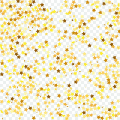 Star Sequin Confetti on Transparent Background. Isolated Flat Birthday Card. Golden Stars Banner. Vector Gold Glitter. Falling Particles on Floor. Voucher Gift Card Template. Christmas Party Frame.