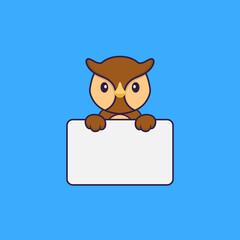 Cute owl holding whiteboard. Animal cartoon concept isolated. Can used for t-shirt, greeting card, invitation card or mascot. Flat Cartoon Style