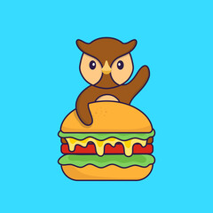 Cute owl eating burger. Animal cartoon concept isolated. Can used for t-shirt, greeting card, invitation card or mascot. Flat Cartoon Style