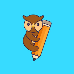 Cute owl holding a pencil. Animal cartoon concept isolated. Can used for t-shirt, greeting card, invitation card or mascot. Flat Cartoon Style