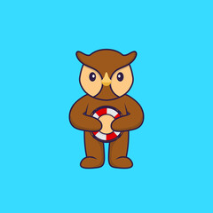 Cute owl holding a buoy. Animal cartoon concept isolated. Can used for t-shirt, greeting card, invitation card or mascot. Flat Cartoon Style