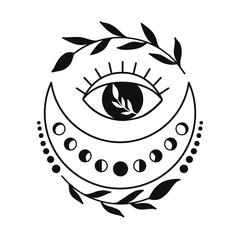 Hand drawn crescent moon with branch and third eye.