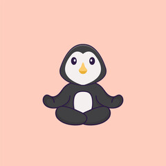 Cute penguin is meditating or doing yoga. Animal cartoon concept isolated. Can used for t-shirt, greeting card, invitation card or mascot. Flat Cartoon Style