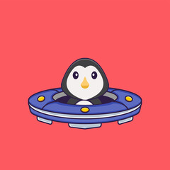 Cute penguin Driving Spaceship Ufo. Animal cartoon concept isolated. Can used for t-shirt, greeting card, invitation card or mascot. Flat Cartoon Style