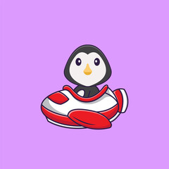 Cute penguin flying on a plane. Animal cartoon concept isolated. Can used for t-shirt, greeting card, invitation card or mascot. Flat Cartoon Style