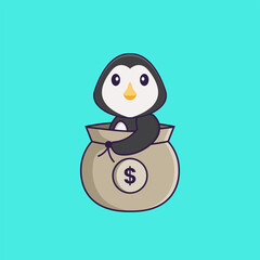 Cute penguin in a money bag. Animal cartoon concept isolated. Can used for t-shirt, greeting card, invitation card or mascot. Flat Cartoon Style