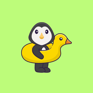 Cute penguin With Duck buoy. Animal cartoon concept isolated. Can used for t-shirt, greeting card, invitation card or mascot. Flat Cartoon Style