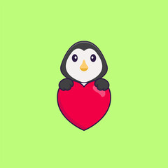 Cute penguin holding a big red heart. Animal cartoon concept isolated. Can used for t-shirt, greeting card, invitation card or mascot. Flat Cartoon Style