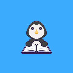 Cute penguin reading a book. Animal cartoon concept isolated. Can used for t-shirt, greeting card, invitation card or mascot. Flat Cartoon Style