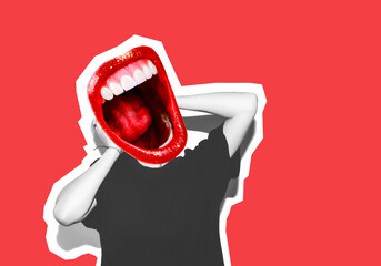 Collage of contemporary art. Instead of a head, a crazy mouth screams. Hands holding head. Bright red background.