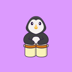 Cute penguin is playing drums. Animal cartoon concept isolated. Can used for t-shirt, greeting card, invitation card or mascot. Flat Cartoon Style