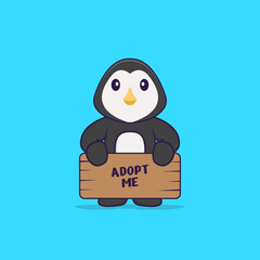 Cute penguin holding a poster Adopt me. Animal cartoon concept isolated. Can used for t-shirt, greeting card, invitation card or mascot. Flat Cartoon Style
