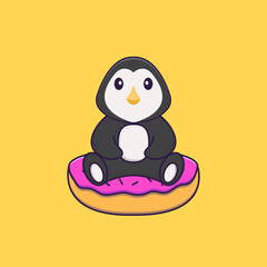 Cute penguin is sitting on donuts. Animal cartoon concept isolated. Can used for t-shirt, greeting card, invitation card or mascot. Flat Cartoon Style