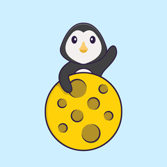 Cute penguin is on the moon. Animal cartoon concept isolated. Can used for t-shirt, greeting card, invitation card or mascot. Flat Cartoon Style