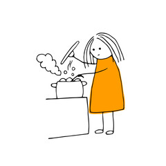 Housework. Housewife. Tired of homework. Cooking. Soup on the stove. Doodle. Vector. Hand-drawn illustration. Silhouette. Black and white outline.