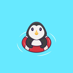 Cute penguin is Swimming with a buoy. Animal cartoon concept isolated. Can used for t-shirt, greeting card, invitation card or mascot. Flat Cartoon Style