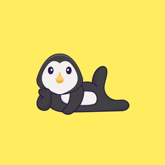 Cute penguin lying down. Animal cartoon concept isolated. Can used for t-shirt, greeting card, invitation card or mascot. Flat Cartoon Style