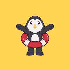 Cute penguin using a float. Animal cartoon concept isolated. Can used for t-shirt, greeting card, invitation card or mascot. Flat Cartoon Style