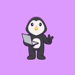 Cute penguin holding laptop. Animal cartoon concept isolated. Can used for t-shirt, greeting card, invitation card or mascot. Flat Cartoon Style