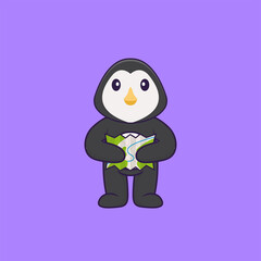 Cute penguin holding a map. Animal cartoon concept isolated. Can used for t-shirt, greeting card, invitation card or mascot. Flat Cartoon Style