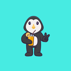Cute penguin holding orange juice in glass. Animal cartoon concept isolated. Can used for t-shirt, greeting card, invitation card or mascot. Flat Cartoon Style