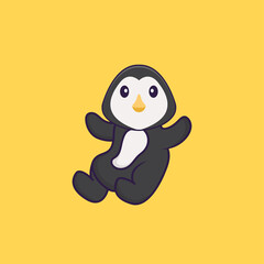 Cute penguin is flying. Animal cartoon concept isolated. Can used for t-shirt, greeting card, invitation card or mascot. Flat Cartoon Style