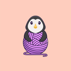 Cute penguin playing with wool yarn. Animal cartoon concept isolated. Can used for t-shirt, greeting card, invitation card or mascot. Flat Cartoon Style