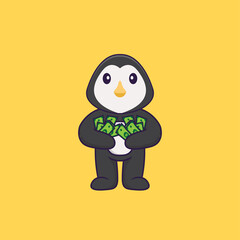 Cute penguin holding money. Animal cartoon concept isolated. Can used for t-shirt, greeting card, invitation card or mascot. Flat Cartoon Style