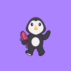 Cute penguin holding a skateboard. Animal cartoon concept isolated. Can used for t-shirt, greeting card, invitation card or mascot. Flat Cartoon Style
