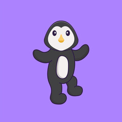 Cute penguin is dancing. Animal cartoon concept isolated. Can used for t-shirt, greeting card, invitation card or mascot. Flat Cartoon Style