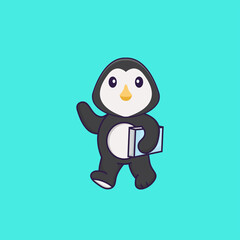 Cute penguin holding a book. Animal cartoon concept isolated. Can used for t-shirt, greeting card, invitation card or mascot. Flat Cartoon Style