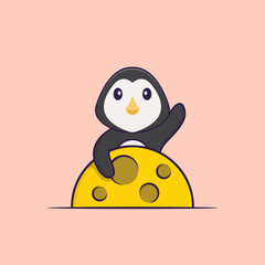 Cute penguin is on the moon. Animal cartoon concept isolated. Can used for t-shirt, greeting card, invitation card or mascot. Flat Cartoon Style