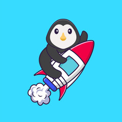 Cute penguin flying on rocket. Animal cartoon concept isolated. Can used for t-shirt, greeting card, invitation card or mascot. Flat Cartoon Style