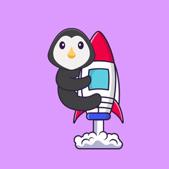 Cute penguin flying on rocket. Animal cartoon concept isolated. Can used for t-shirt, greeting card, invitation card or mascot. Flat Cartoon Style