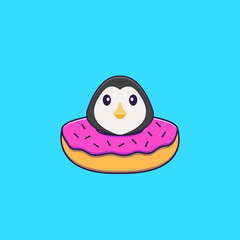 Cute penguin with a donut on his neck. Animal cartoon concept isolated. Can used for t-shirt, greeting card, invitation card or mascot. Flat Cartoon Style