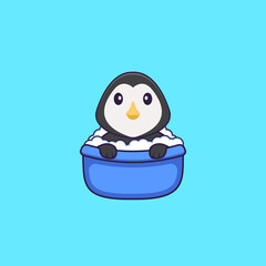 Cute penguin taking a bath in the bathtub. Animal cartoon concept isolated. Can used for t-shirt, greeting card, invitation card or mascot. Flat Cartoon Style