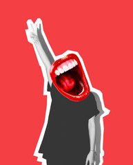 Collage of contemporary art. Instead of a head, a crazy mouth screams, showing with the fingers of his hands a gesture symbolizing victory and peace. Bright red background.