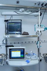 Console with medical ventilator set in military mobile hospital