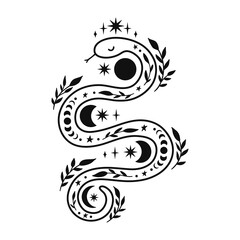 Mystical snake with moon phases and floral elements.