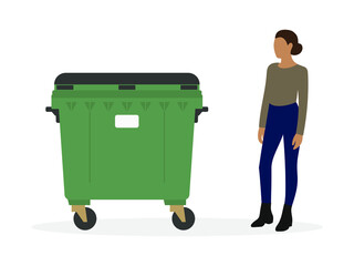 Big trash can and female character on white background