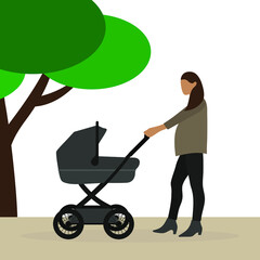 Pregnant female character with baby stroller walking outdoors
