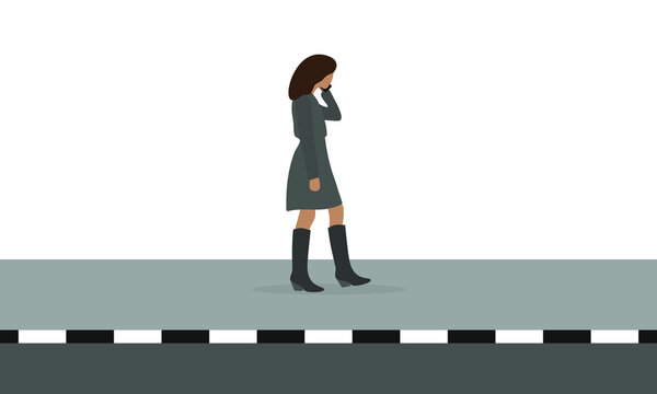 Female Character Walking On The Sidewalk And Talking On The Phone