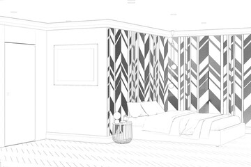 Sketch of the modern bedroom with a horizontal poster on the wall by the door, a bedside table by the bed, and decorative wall panels with accents. 3d render