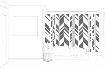 Sketch of the modern bedroom with a horizontal poster on the wall by the door, a bedside table by the bed, and decorative wall panels with accents. Front view. 3d render