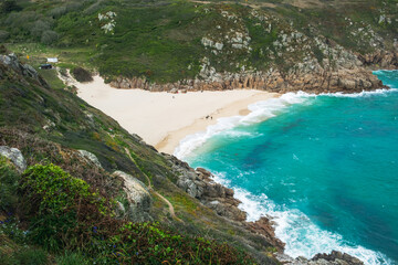 View of Porthcurno Beach, Cornwall from the top of the coastal trail.