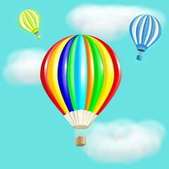 Fototapeta premium Vector colorful hot air balloons flying at the sky with clouds. Traveling, planning summer vacation, tourism and journey. Multicolored balloons. 